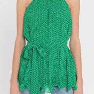 Endless Rose Sleeveless Ruffle Blouse Medium Green Polka Dot Rockabilly Retro
